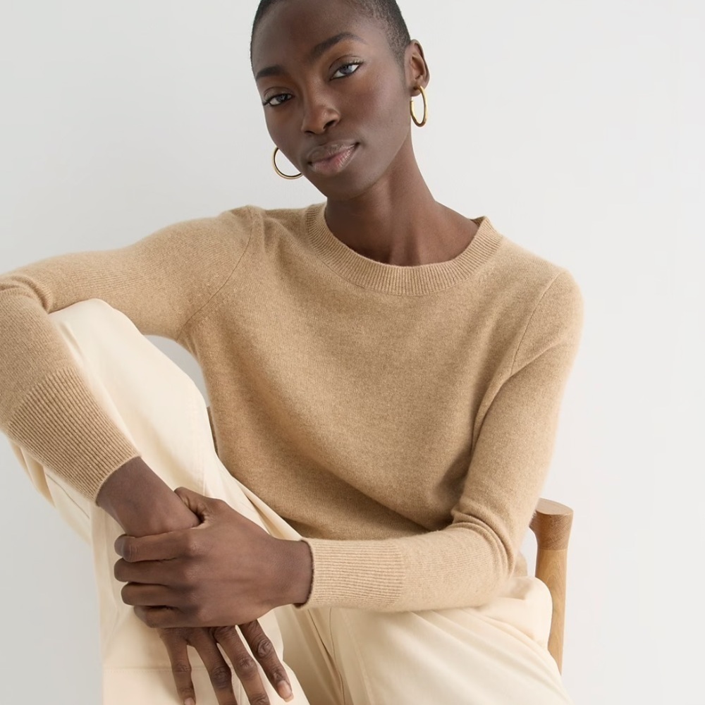 J crew cashmere classic fit crewneck sweater heather camel